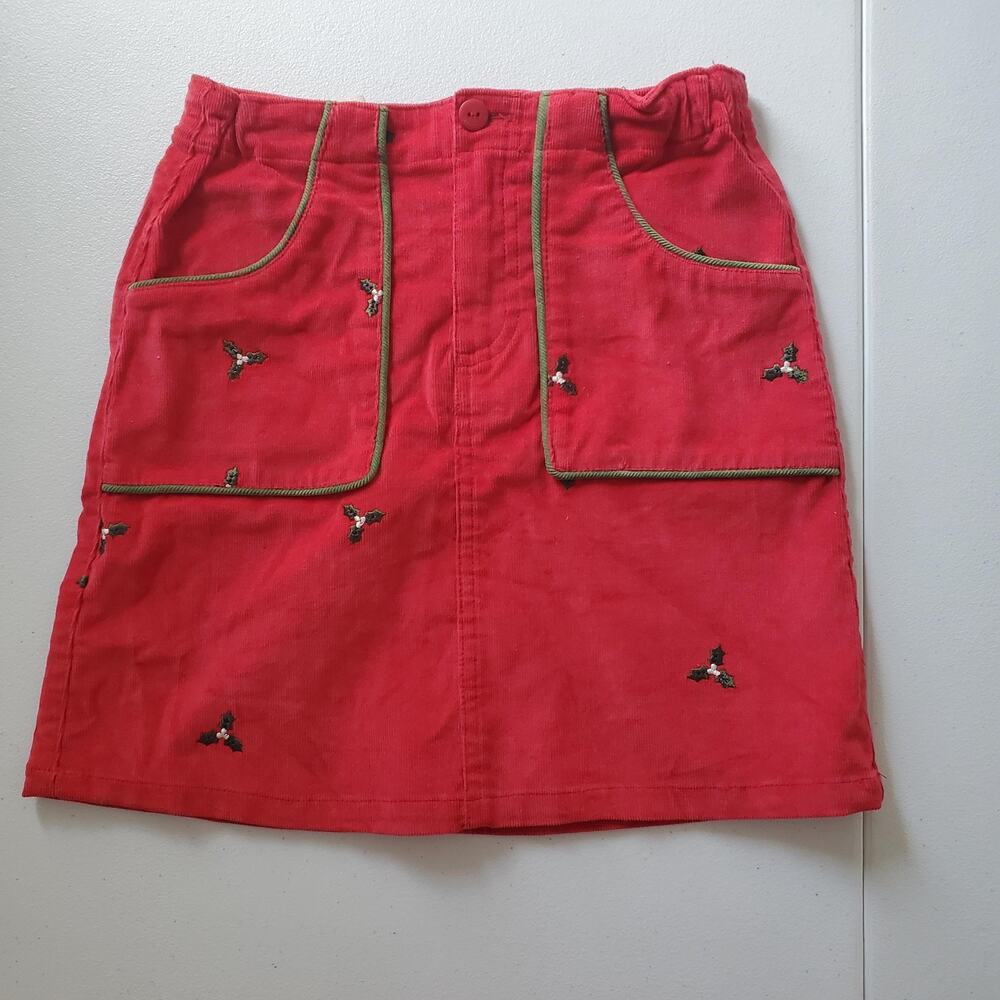 Hartstrings Skirt Girls 7 Red Corduroy Holly Embroidered Christmas Adjustable
